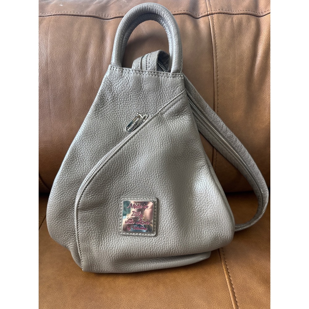 Valentina Italy Greige Pebbled Leather Convertible Sling Backpack Silver Zip
